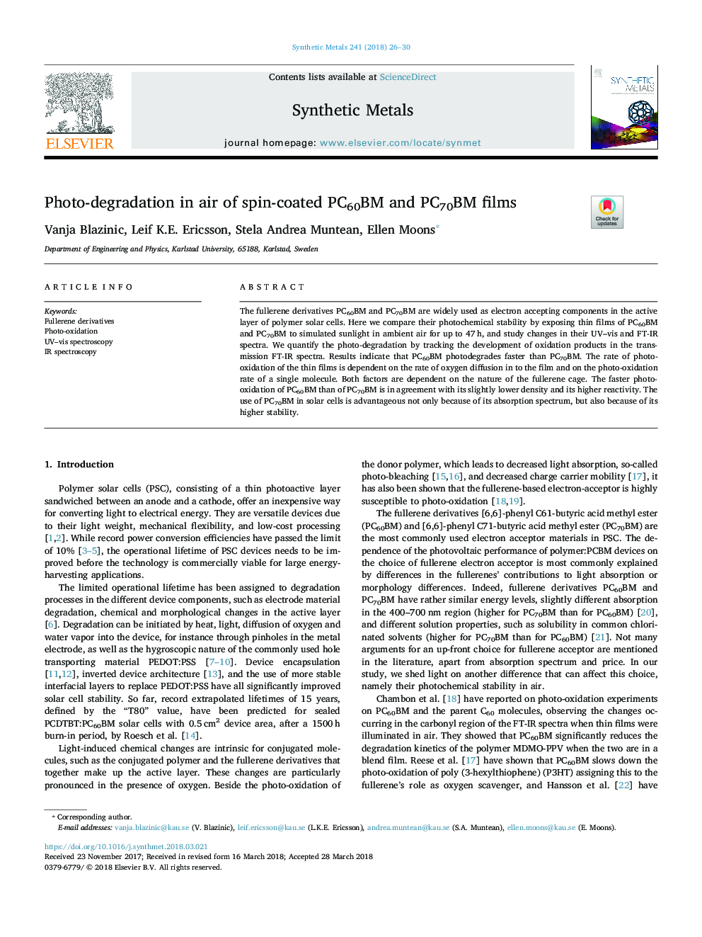 Photo-degradation in air of spin-coated PC60BM and PC70BM films