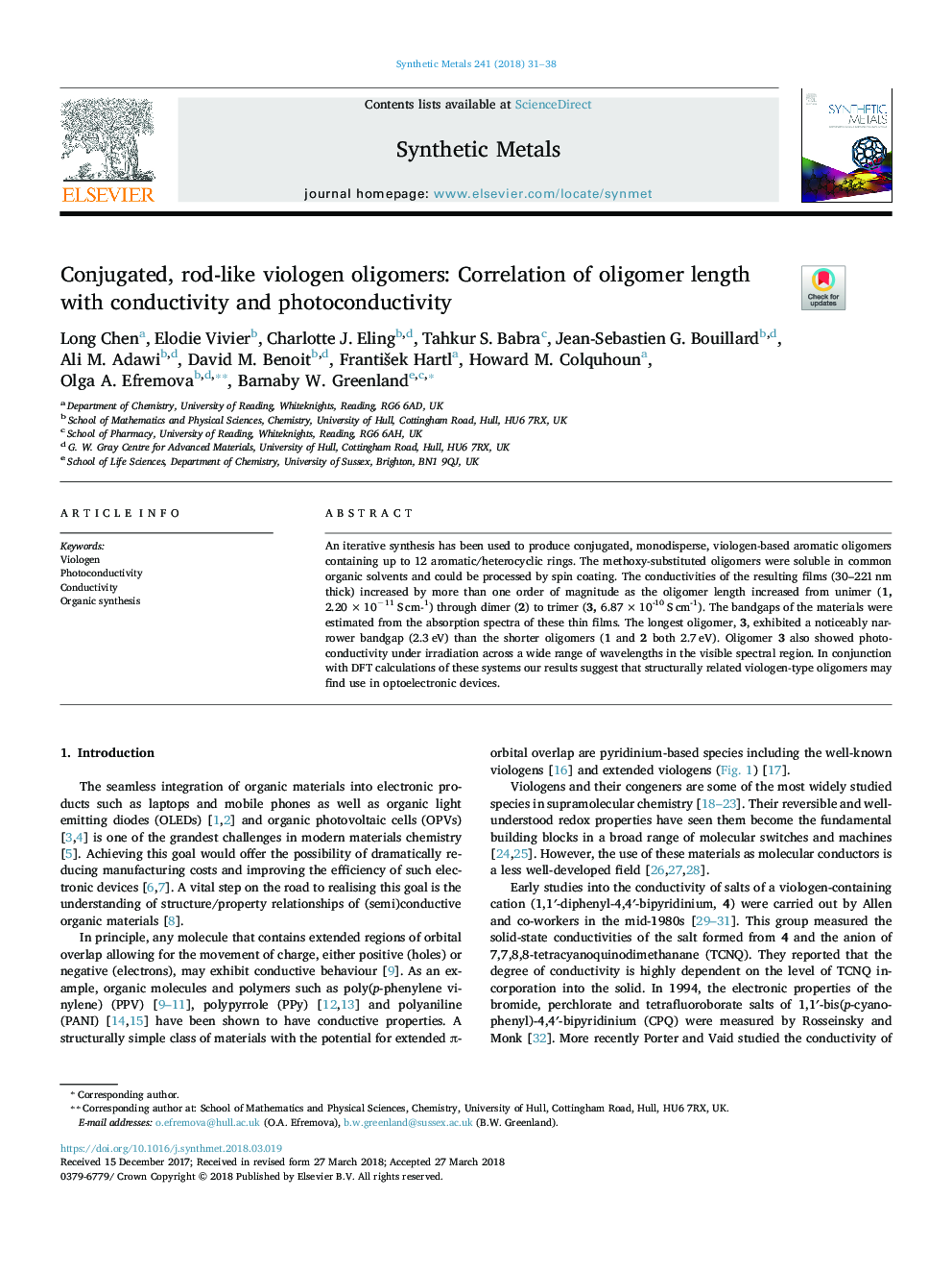 Conjugated, rod-like viologen oligomers: Correlation of oligomer length with conductivity and photoconductivity