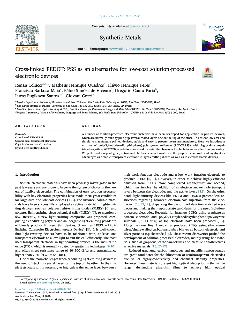 Cross-linked PEDOT: PSS as an alternative for low-cost solution-processed electronic devices