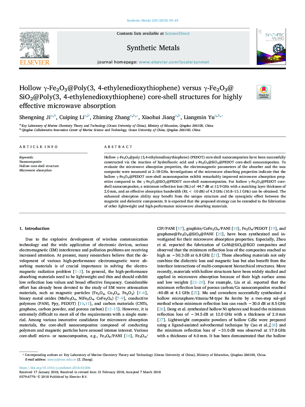 Hollow Î³-Fe2O3@Poly(3, 4-ethylenedioxythiophene) versus Î³-Fe2O3@SiO2@Poly(3, 4-ethylenedioxythiophene) core-shell structures for highly effective microwave absorption