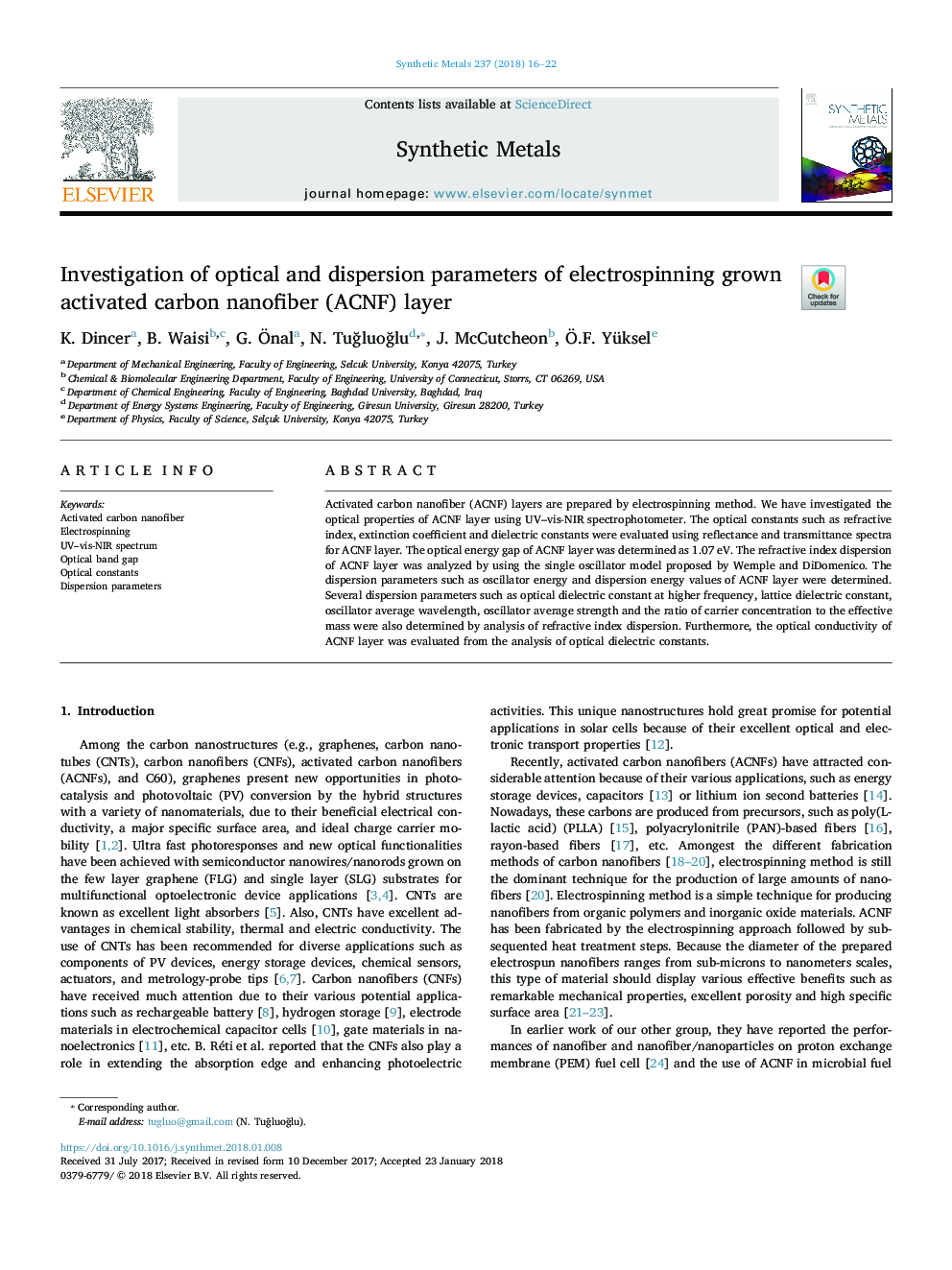 Investigation of optical and dispersion parameters of electrospinning grown activated carbon nanofiber (ACNF) layer