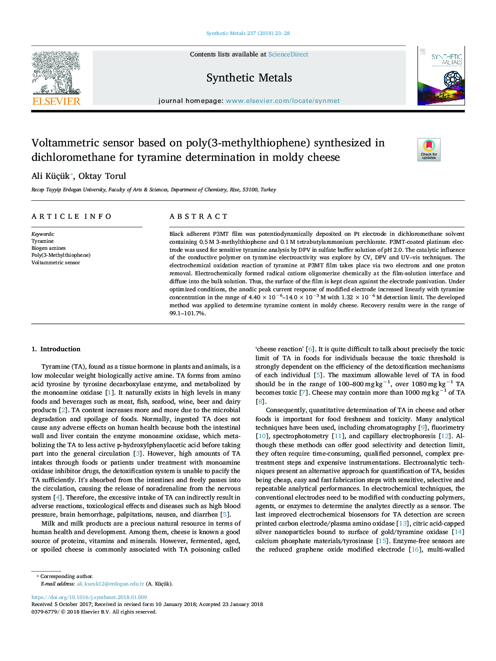 Voltammetric sensor based on poly(3-methylthiophene) synthesized in dichloromethane for tyramine determination in moldy cheese