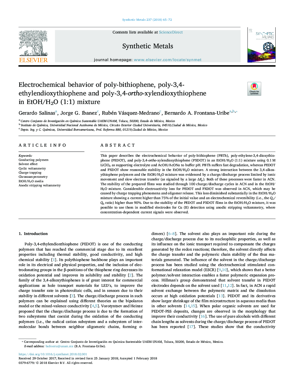 Electrochemical behavior of poly-bithiophene, poly-3,4-ethylendioxythiophene and poly-3,4-ortho-xylendioxythiophene in EtOH/H2O (1:1) mixture