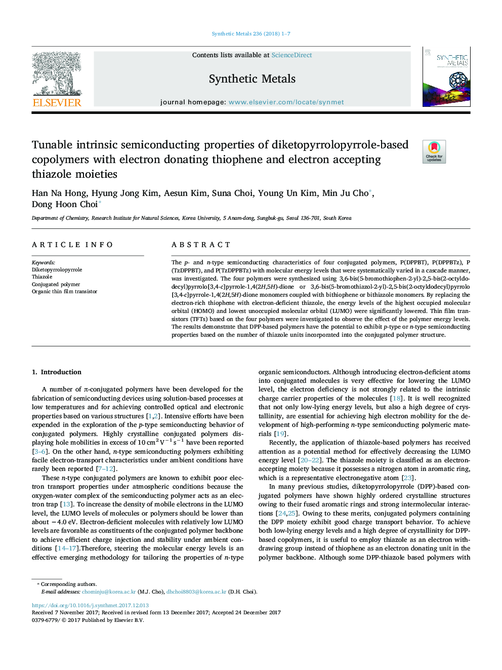 Tunable intrinsic semiconducting properties of diketopyrrolopyrrole-based copolymers with electron donating thiophene and electron accepting thiazole moieties