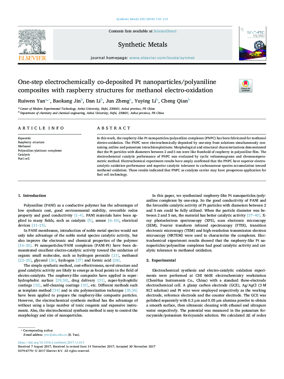 One-step electrochemically co-deposited Pt nanoparticles/polyaniline composites with raspberry structures for methanol electro-oxidation