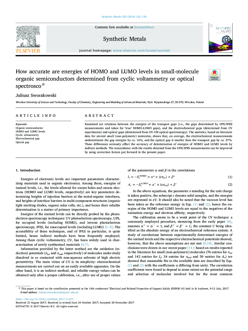 How accurate are energies of HOMO and LUMO levels in small-molecule organic semiconductors determined from cyclic voltammetry or optical spectroscopy?