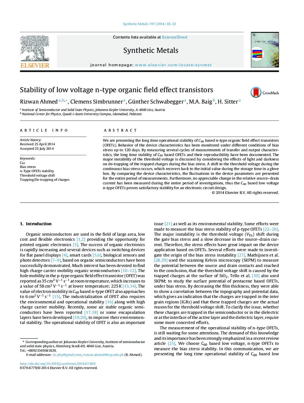 Stability of low voltage n-type organic field effect transistors