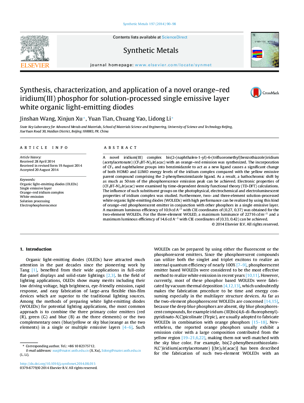 Synthesis, characterization, and application of a novel orange-red iridium(III) phosphor for solution-processed single emissive layer white organic light-emitting diodes