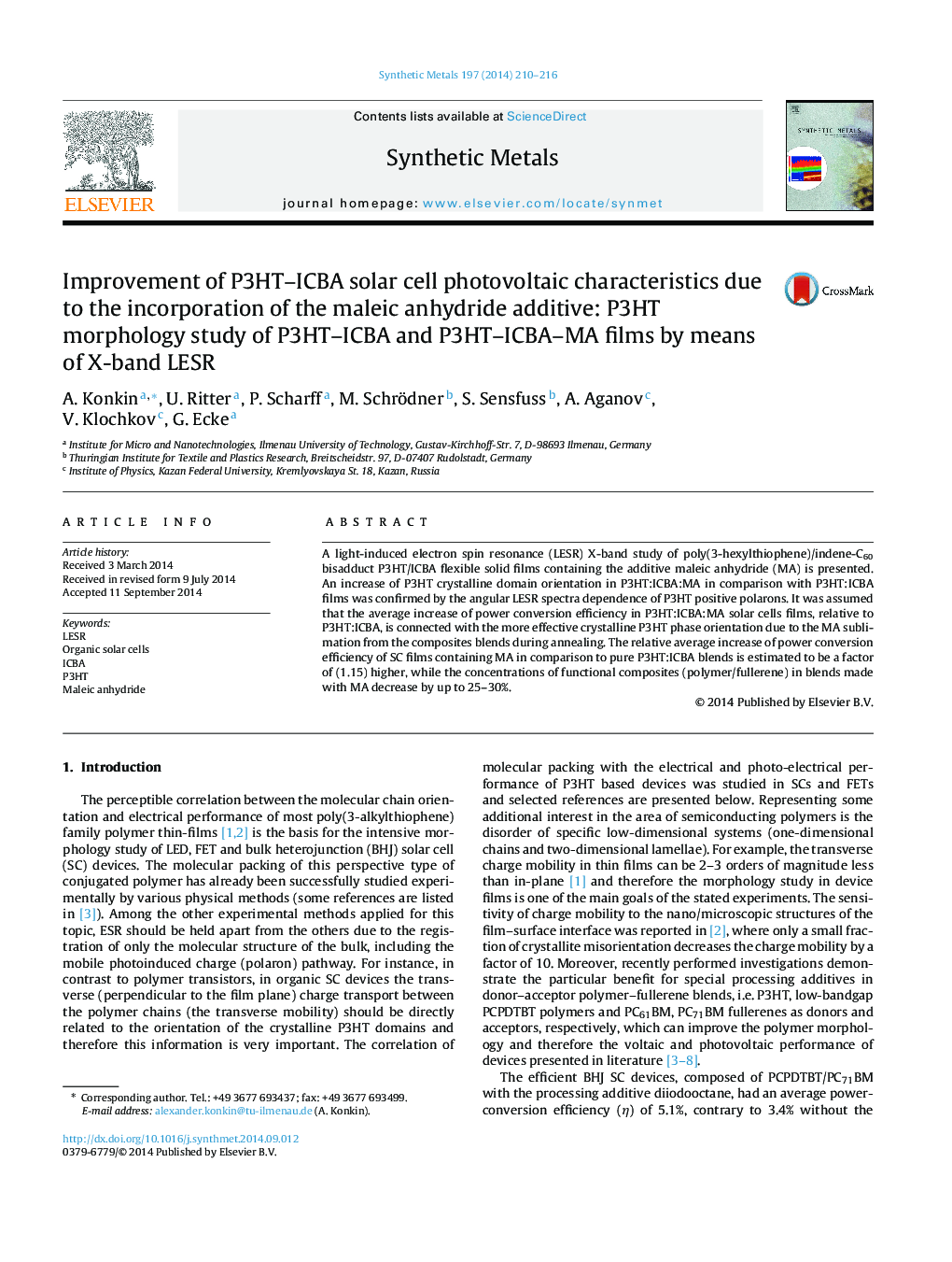 Improvement of P3HT-ICBA solar cell photovoltaic characteristics due to the incorporation of the maleic anhydride additive: P3HT morphology study of P3HT-ICBA and P3HT-ICBA-MA films by means of X-band LESR