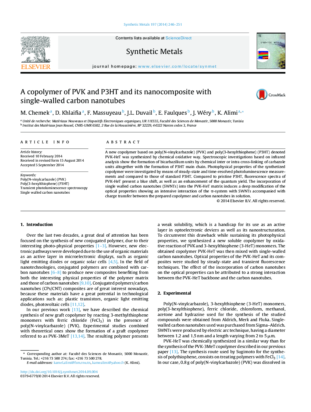 A copolymer of PVK and P3HT and its nanocomposite with single-walled carbon nanotubes