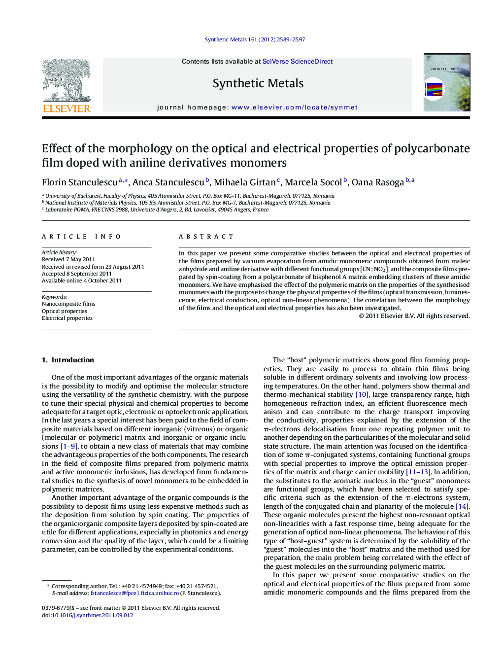 Effect of the morphology on the optical and electrical properties of polycarbonate film doped with aniline derivatives monomers