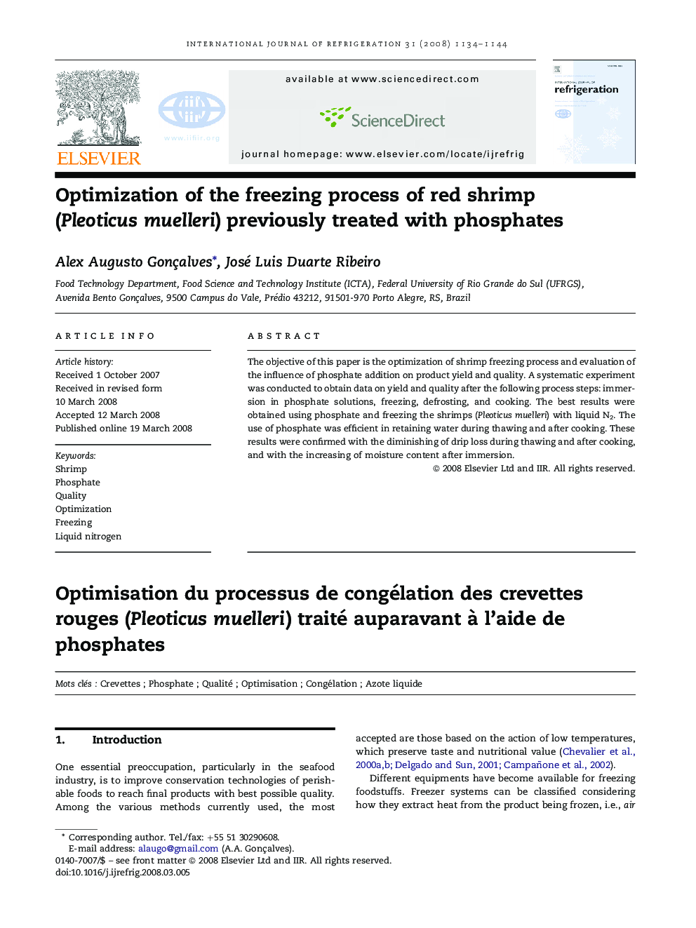 Optimization of the freezing process of red shrimp (Pleoticus muelleri) previously treated with phosphates