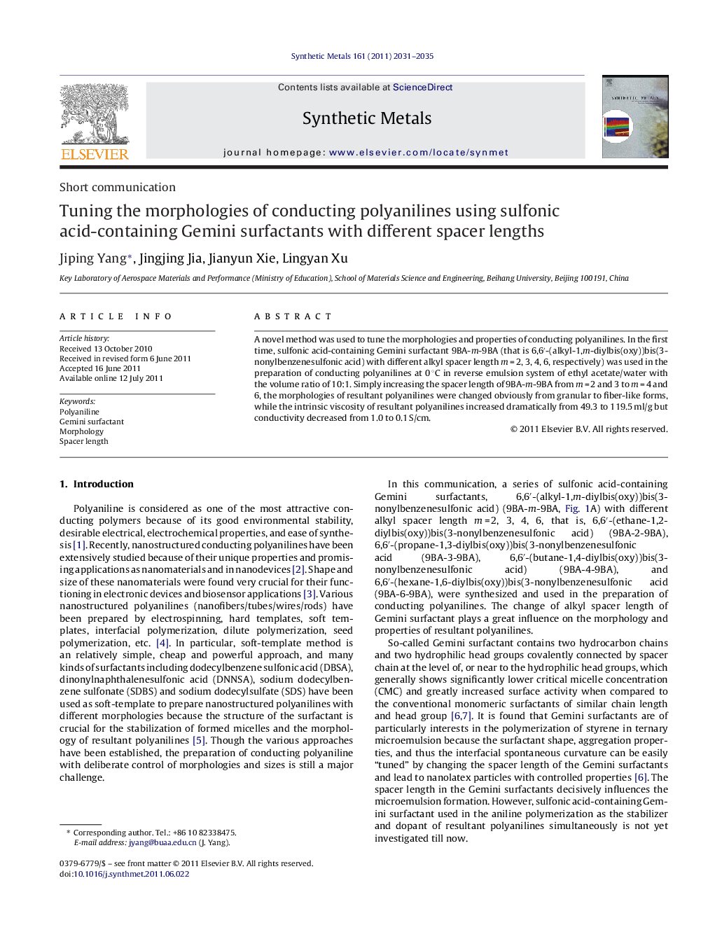 Tuning the morphologies of conducting polyanilines using sulfonic acid-containing Gemini surfactants with different spacer lengths