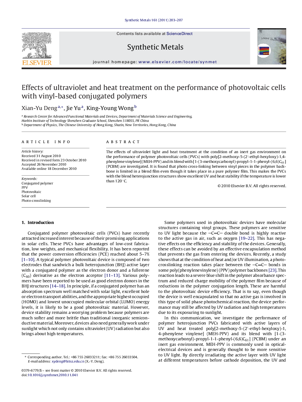 Effects of ultraviolet and heat treatment on the performance of photovoltaic cells with vinyl-based conjugated polymers