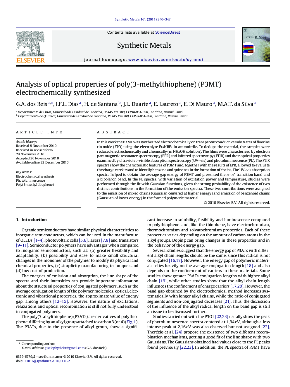 Analysis of optical properties of poly(3-methylthiophene) (P3MT) electrochemically synthesized