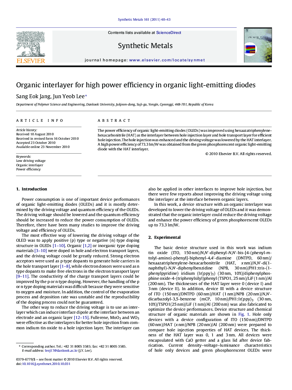 Organic interlayer for high power efficiency in organic light-emitting diodes