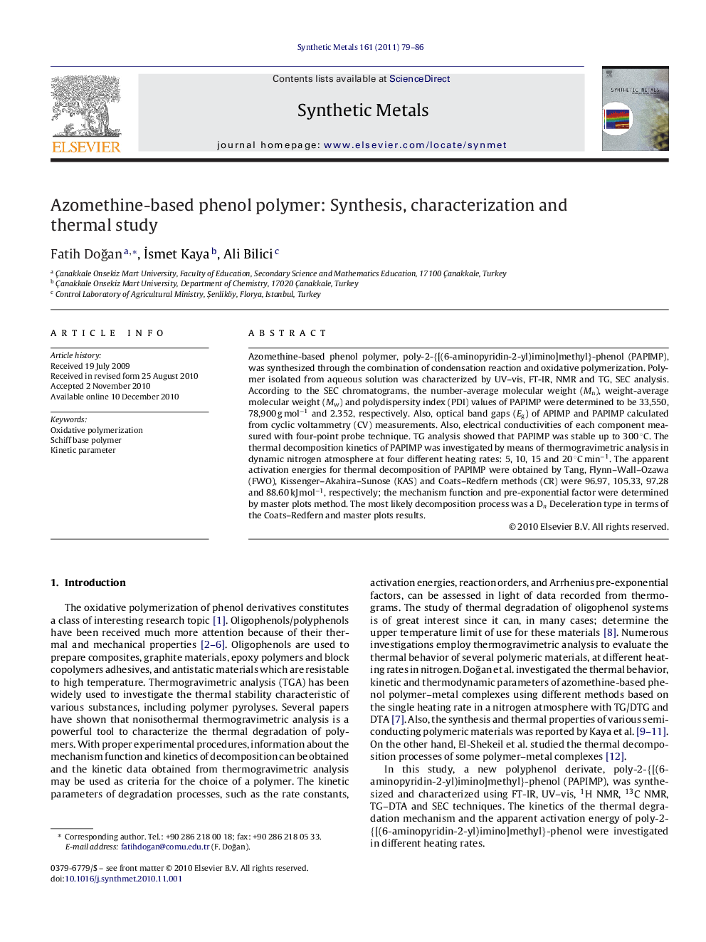 Azomethine-based phenol polymer: Synthesis, characterization and thermal study