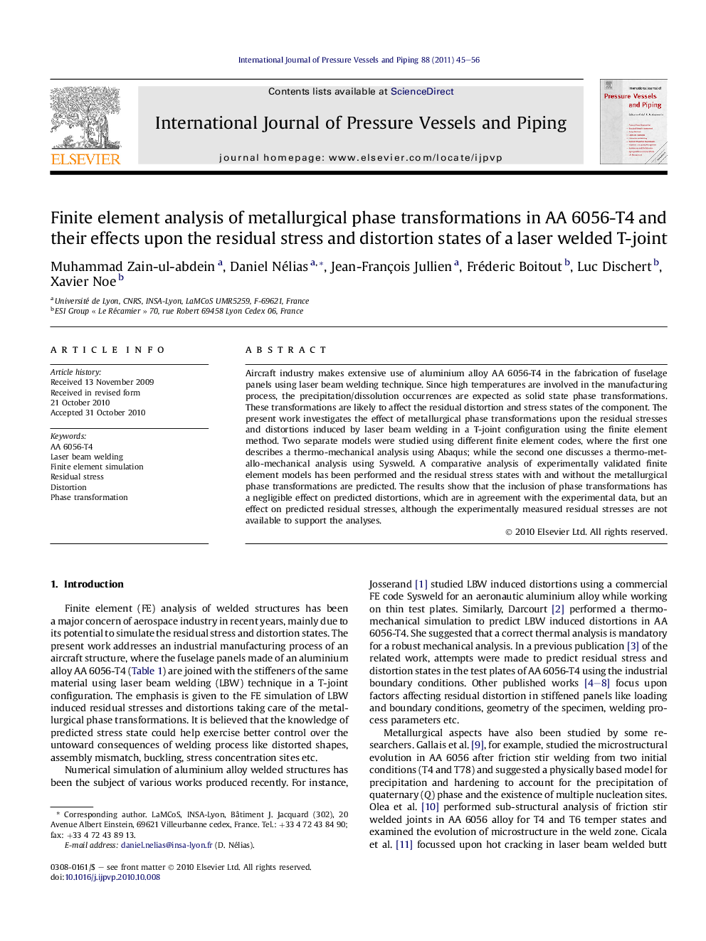Finite element analysis of metallurgical phase transformations in AA 6056-T4 and their effects upon the residual stress and distortion states of a laser welded T-joint