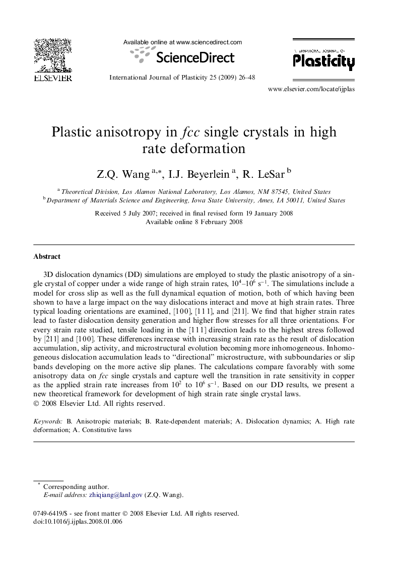 Plastic anisotropy in fcc single crystals in high rate deformation