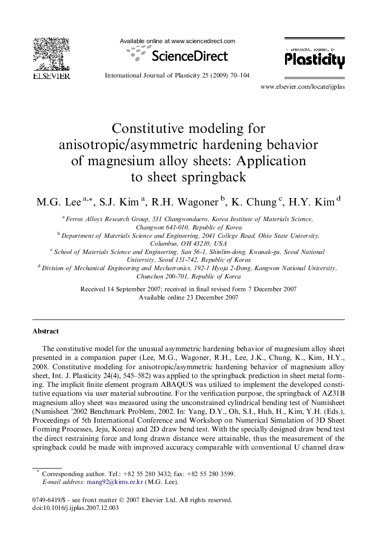 Constitutive modeling for anisotropic/asymmetric hardening behavior of magnesium alloy sheets: Application to sheet springback