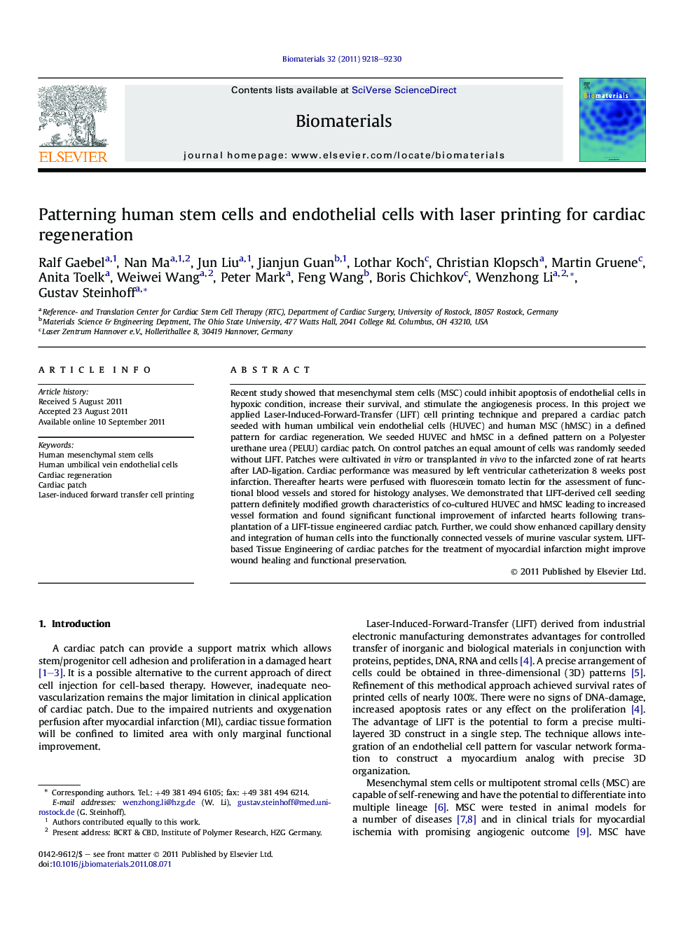 Patterning human stem cells and endothelial cells with laser printing for cardiac regeneration