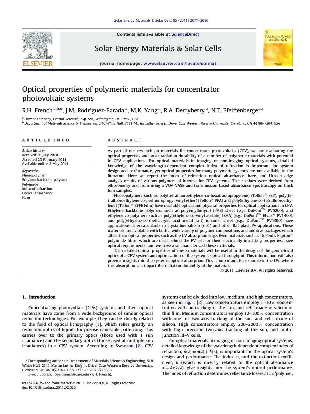 Optical properties of polymeric materials for concentrator photovoltaic systems