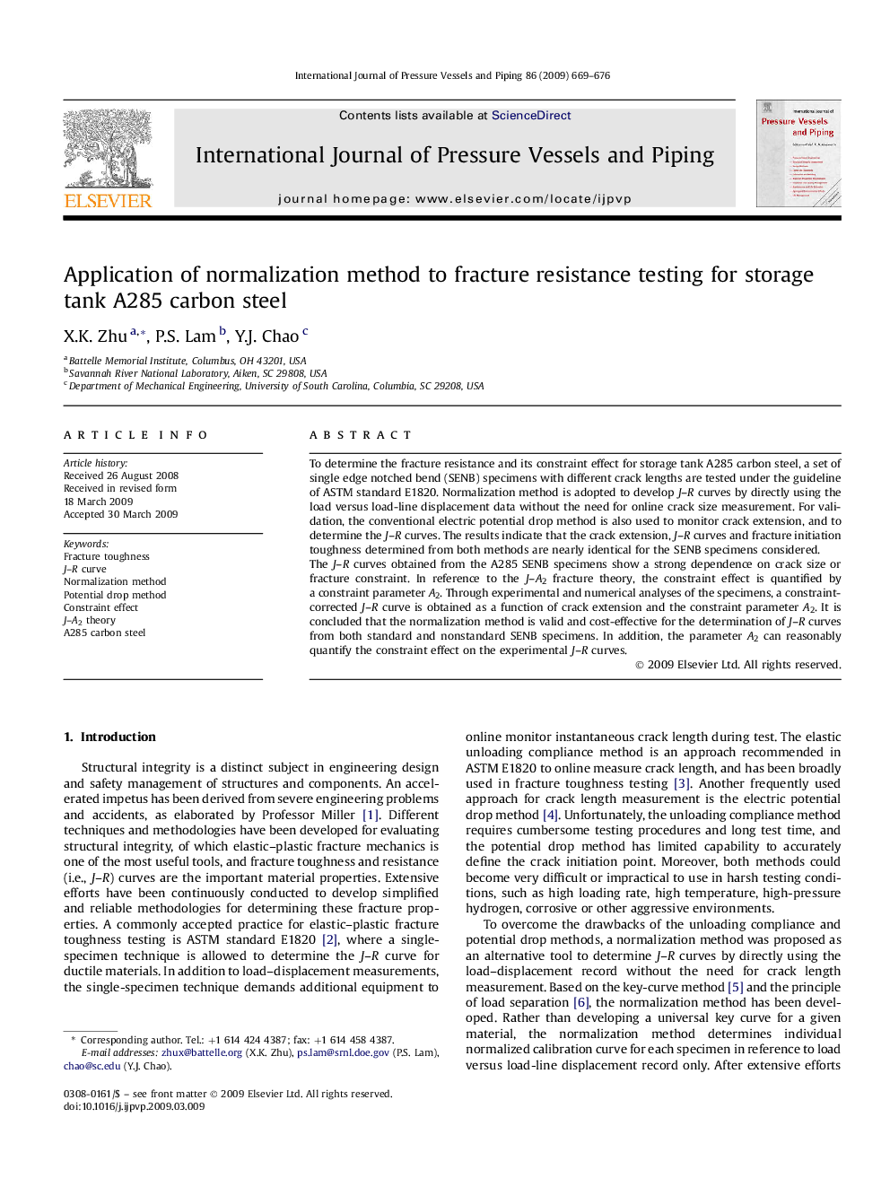 Application of normalization method to fracture resistance testing for storage tank A285 carbon steel