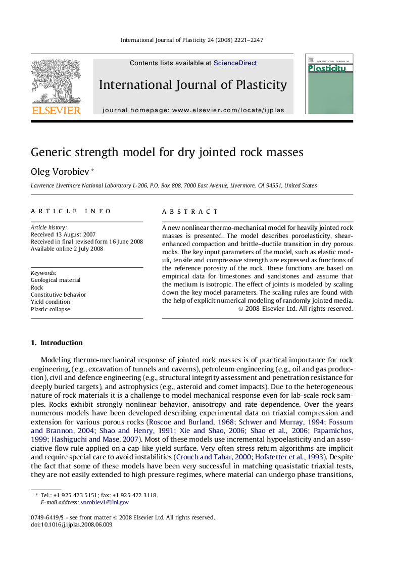 Generic strength model for dry jointed rock masses