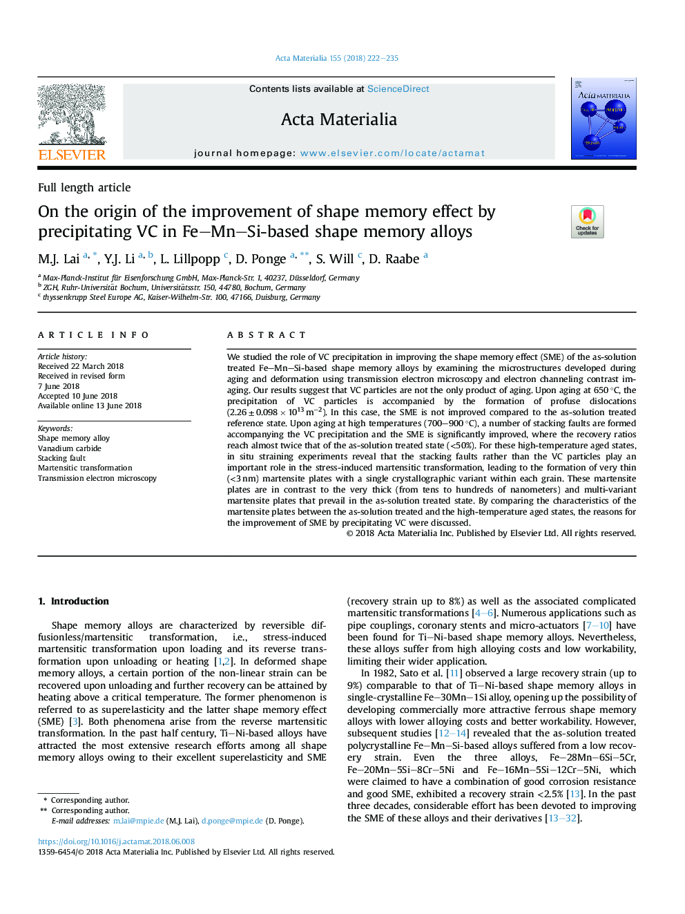 عکس صفحه اول مقاله: On the origin of the improvement of shape memory effect by precipitating VC in Fe-Mn-Si-based shape memory alloys On the origin of the improvement of shape memory effect by precipitating VC in Fe-Mn-Si-based shape memory alloys