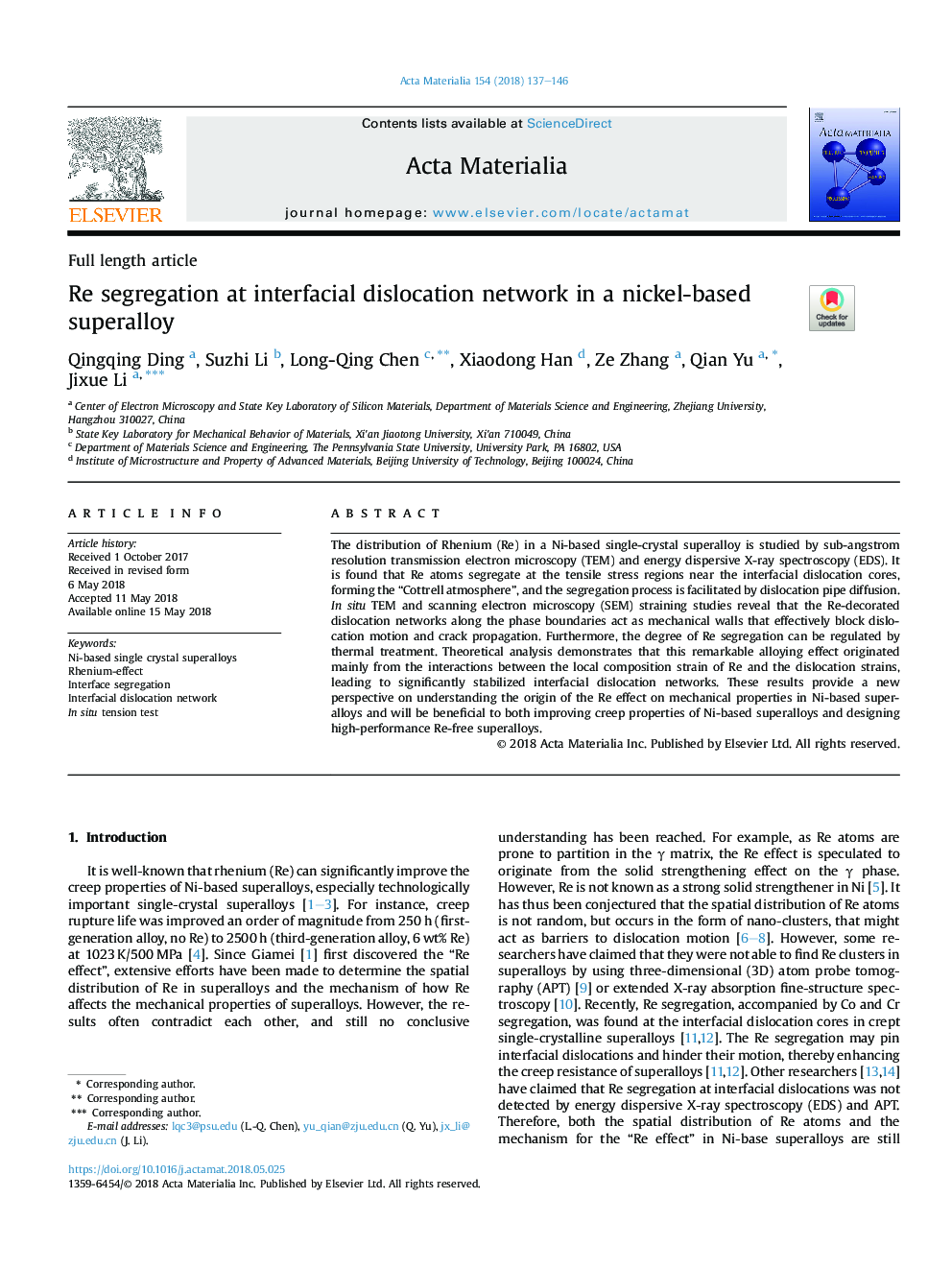 Re segregation at interfacial dislocation network in a nickel-based superalloy