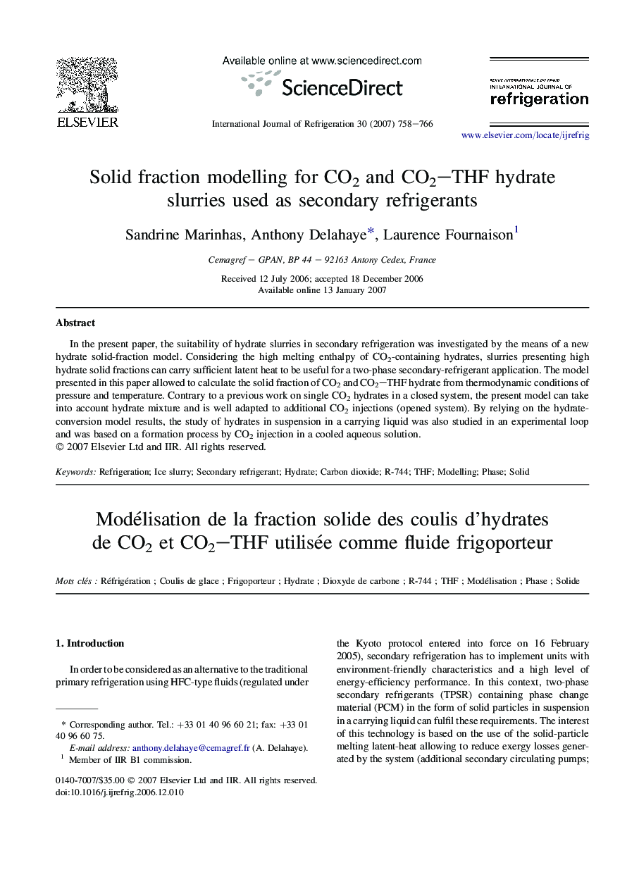 Solid fraction modelling for CO2 and CO2–THF hydrate slurries used as secondary refrigerants