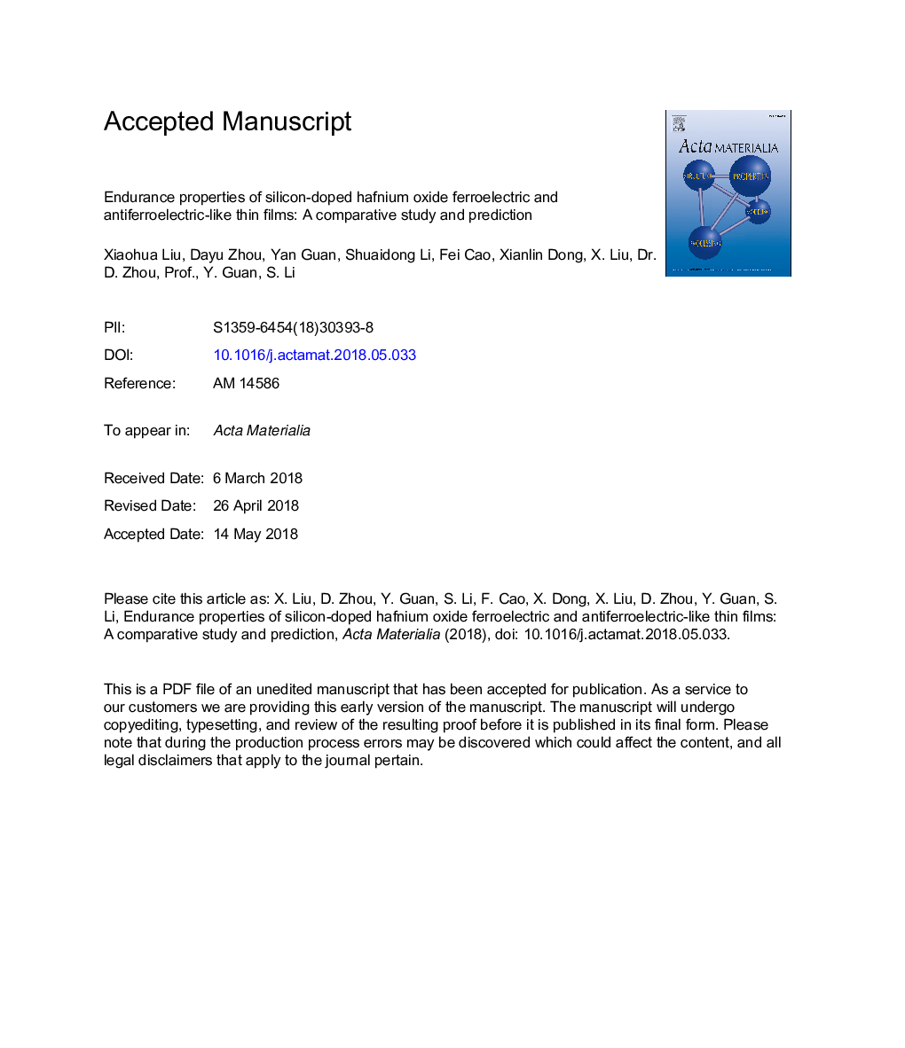 عکس صفحه اول مقاله: Endurance properties of silicon-doped hafnium oxide ferroelectric and antiferroelectric-like thin films: A comparative study and prediction Endurance properties of silicon-doped hafnium oxide ferroelectric and antiferroelectric-like thin films: A comparative study and prediction