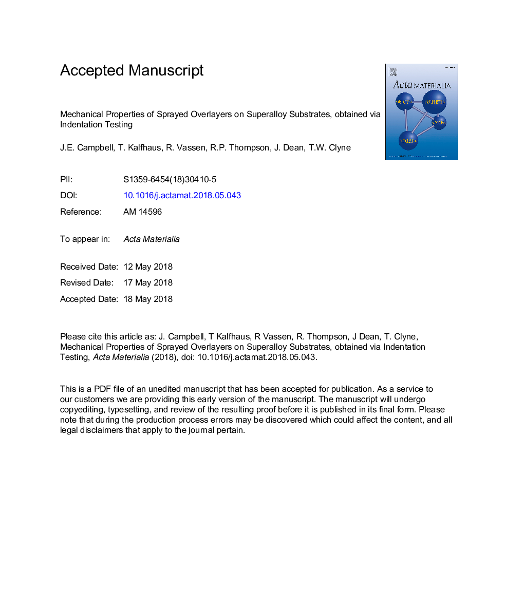 Mechanical properties of sprayed overlayers on superalloy substrates, obtained via indentation testing