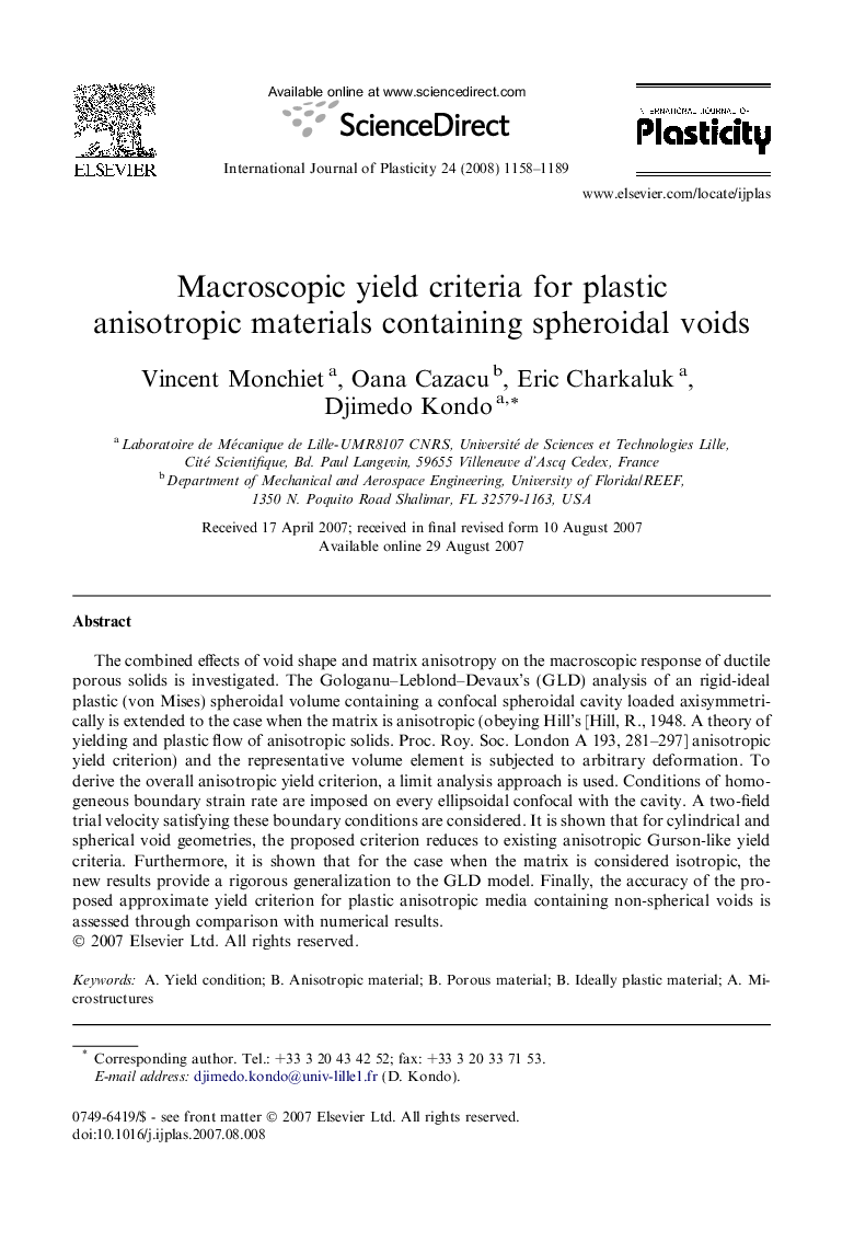 Macroscopic yield criteria for plastic anisotropic materials containing spheroidal voids