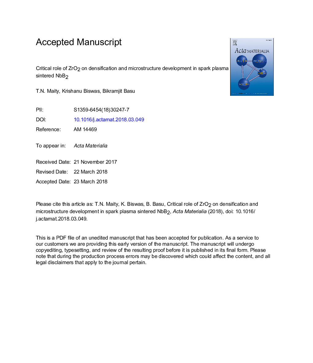 عکس صفحه اول مقاله: Critical role of ZrO2 on densification and microstructure development in spark plasma sintered NbB2 Critical role of ZrO2 on densification and microstructure development in spark plasma sintered NbB2