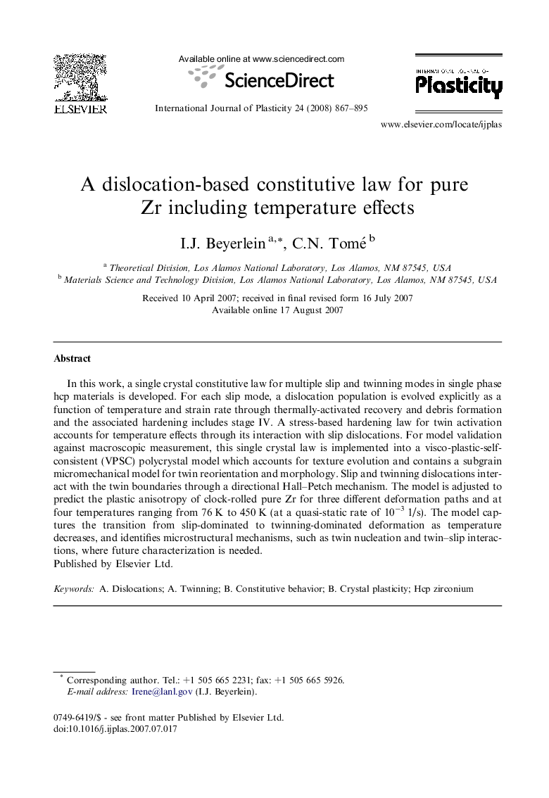 A dislocation-based constitutive law for pure Zr including temperature effects