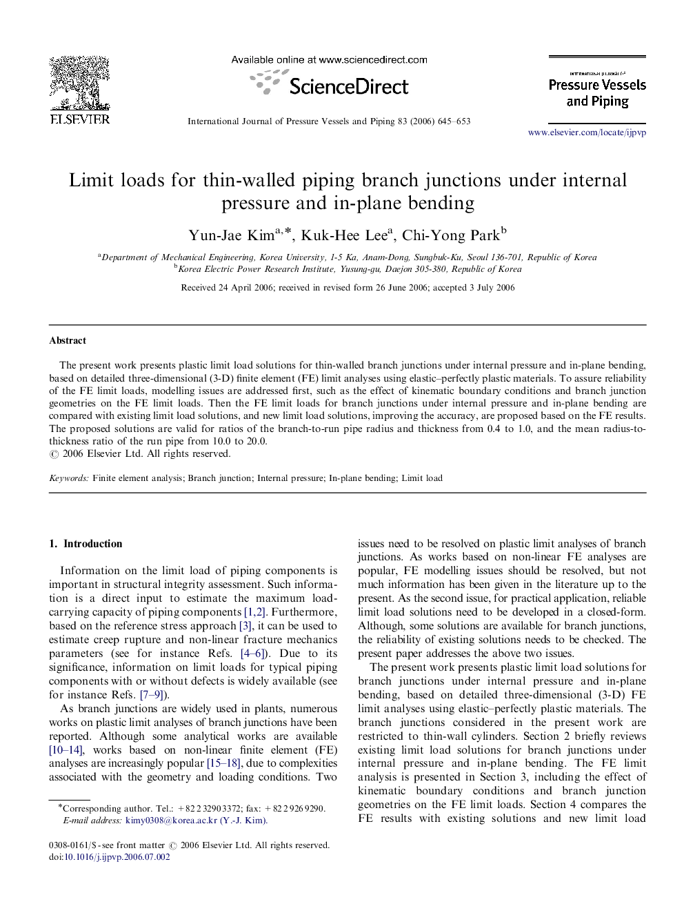 Limit loads for thin-walled piping branch junctions under internal pressure and in-plane bending