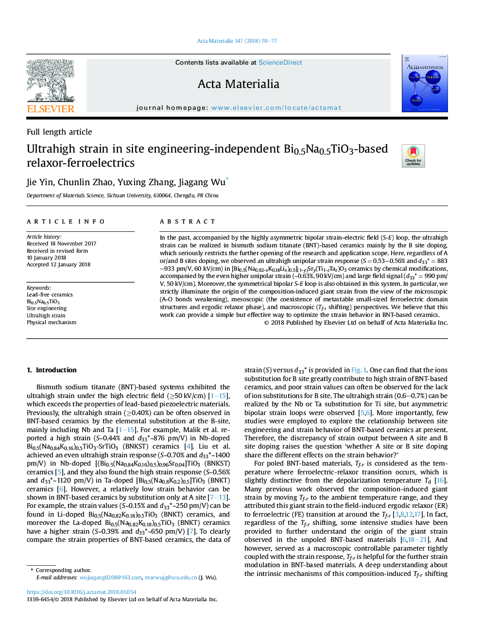 Ultrahigh strain in site engineering-independent Bi0.5Na0.5TiO3-based relaxor-ferroelectrics