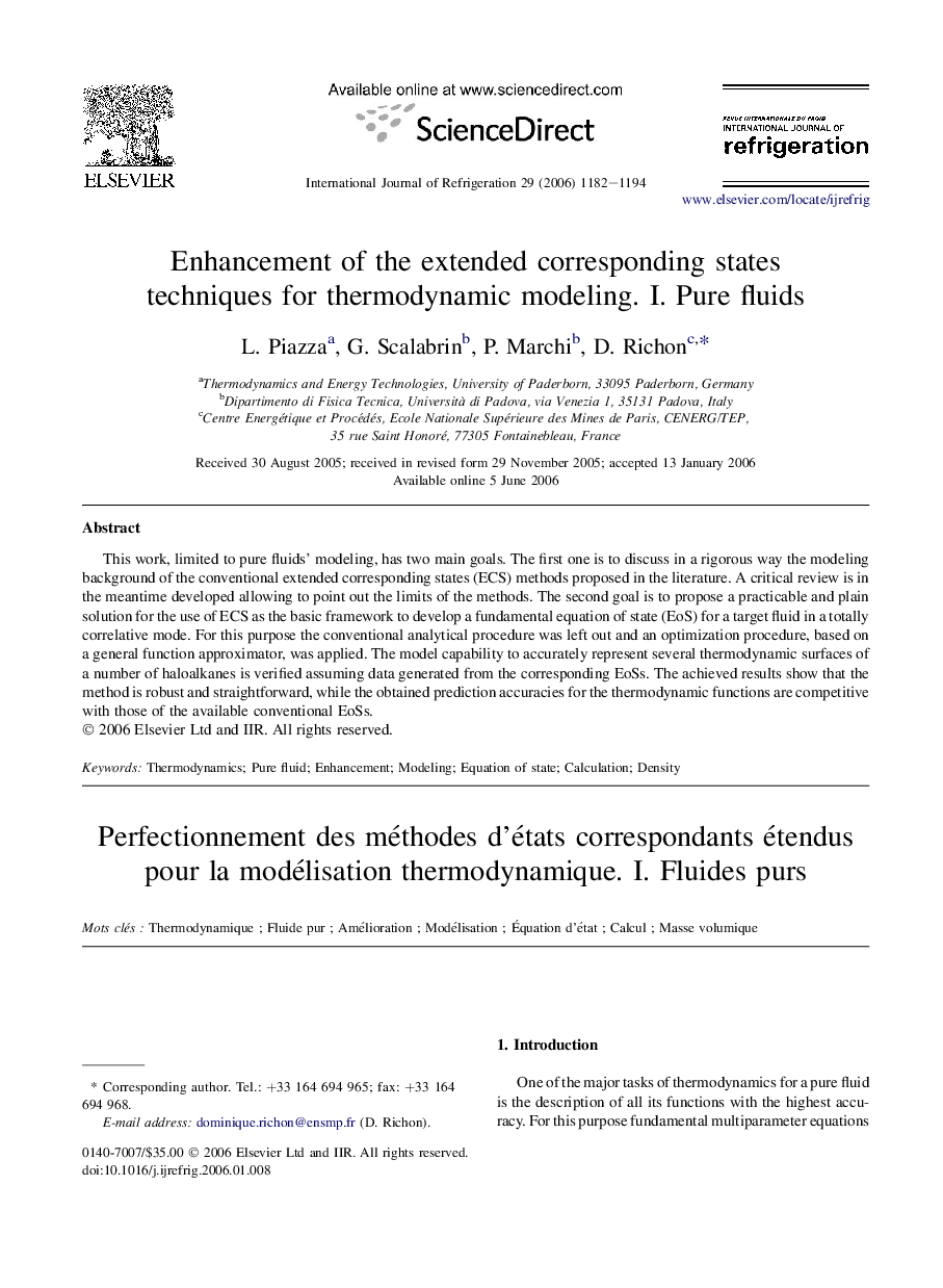 Enhancement of the extended corresponding states techniques for thermodynamic modeling. I. Pure fluids