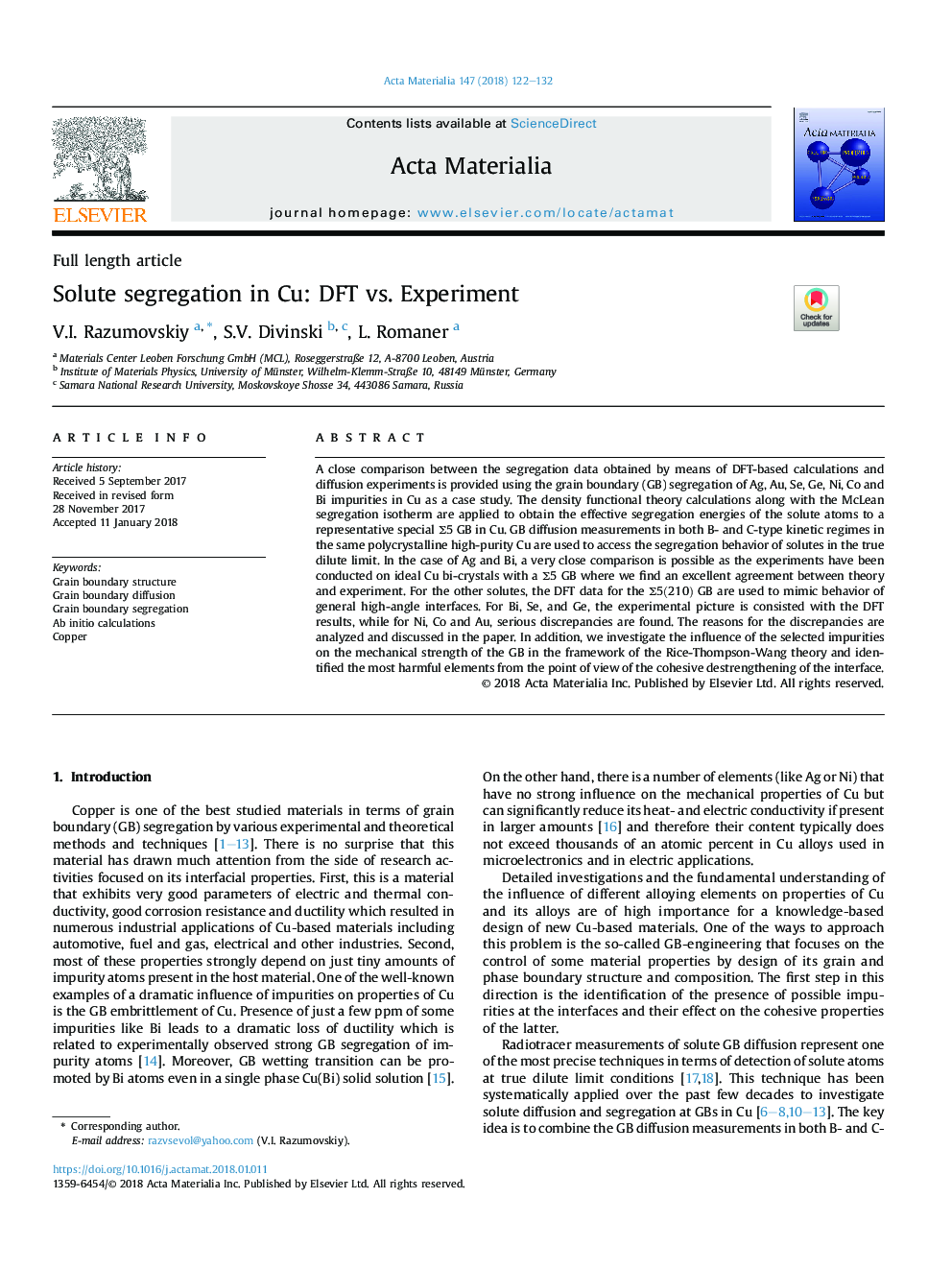 Solute segregation in Cu: DFT vs. Experiment