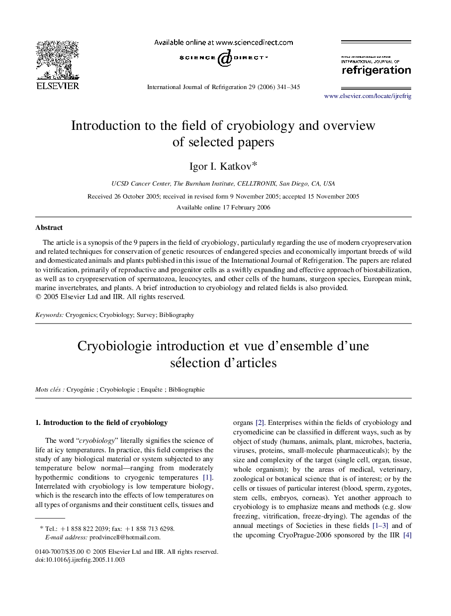 Introduction to the field of cryobiology and overview of selected papers