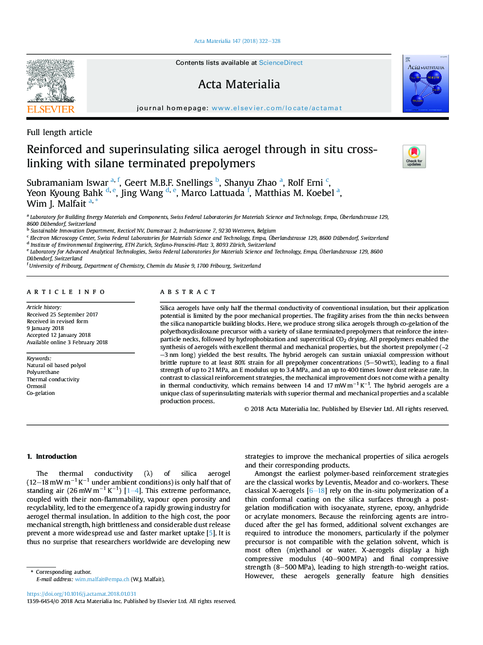 Reinforced and superinsulating silica aerogel through in situ cross-linking with silane terminated prepolymers