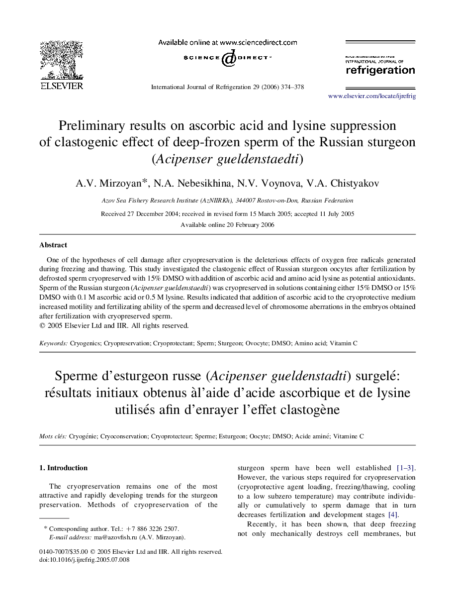 Preliminary results on ascorbic acid and lysine suppression of clastogenic effect of deep-frozen sperm of the Russian sturgeon (Acipenser gueldenstaedti)