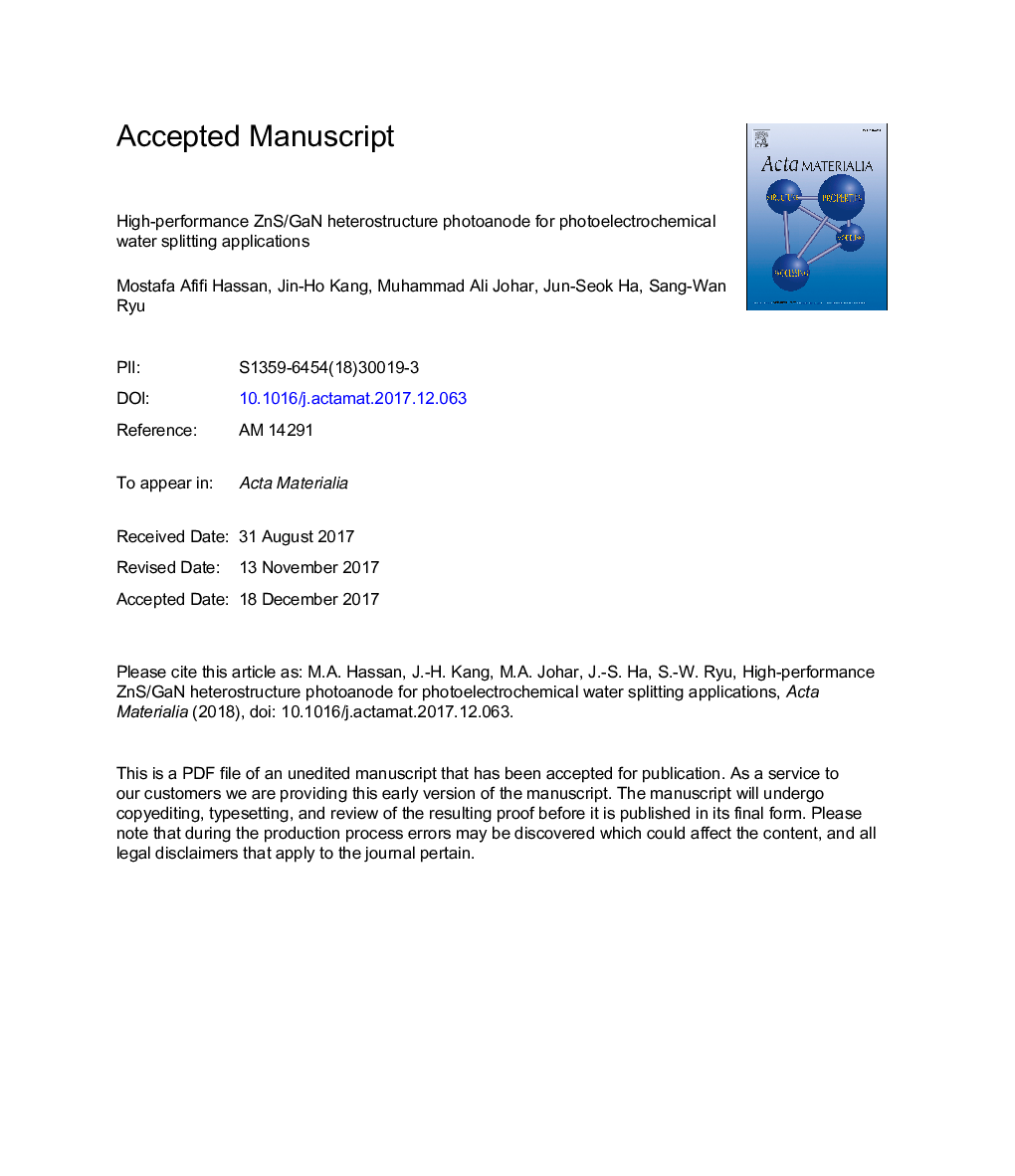 High-performance ZnS/GaN heterostructure photoanode for photoelectrochemical water splitting applications