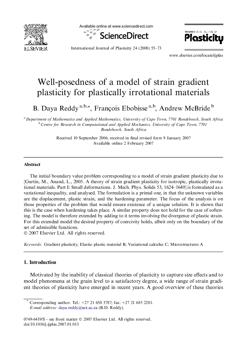 Well-posedness of a model of strain gradient plasticity for plastically irrotational materials