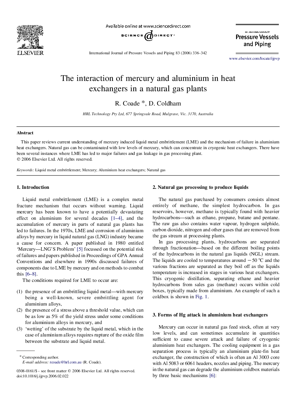 The interaction of mercury and aluminium in heat exchangers in a natural gas plants