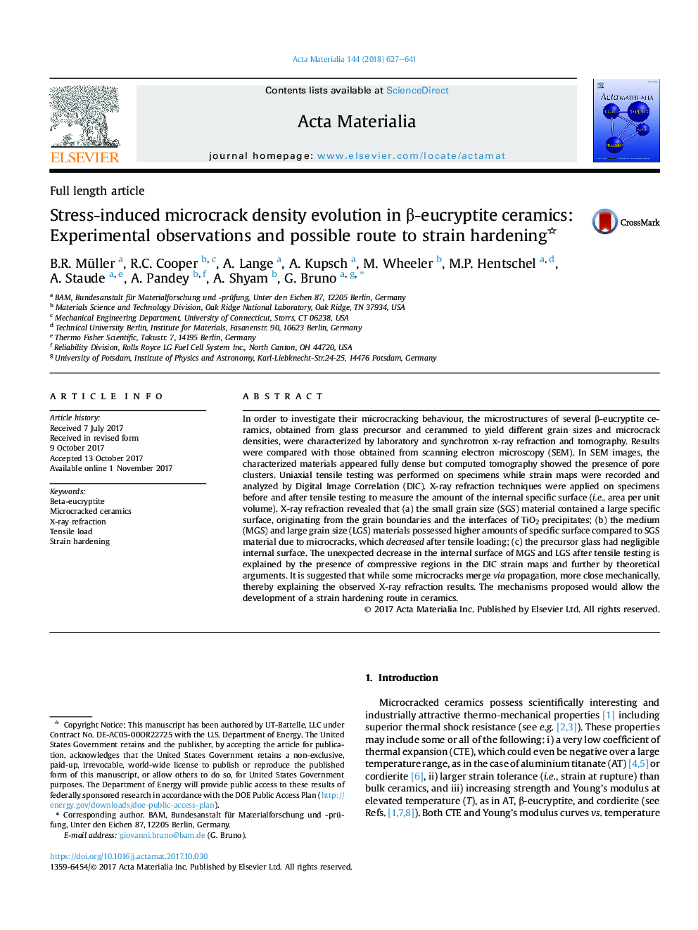 Stress-induced microcrack density evolution in Î²-eucryptite ceramics: Experimental observations and possible route to strain hardening