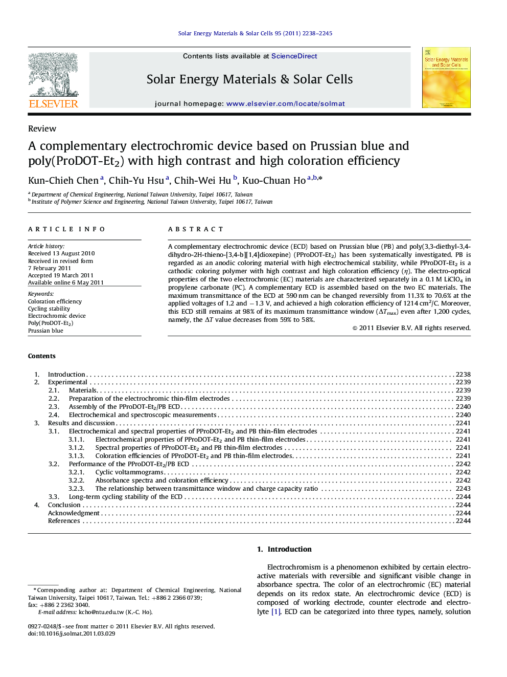 A complementary electrochromic device based on Prussian blue and poly(ProDOT-Et2) with high contrast and high coloration efficiency