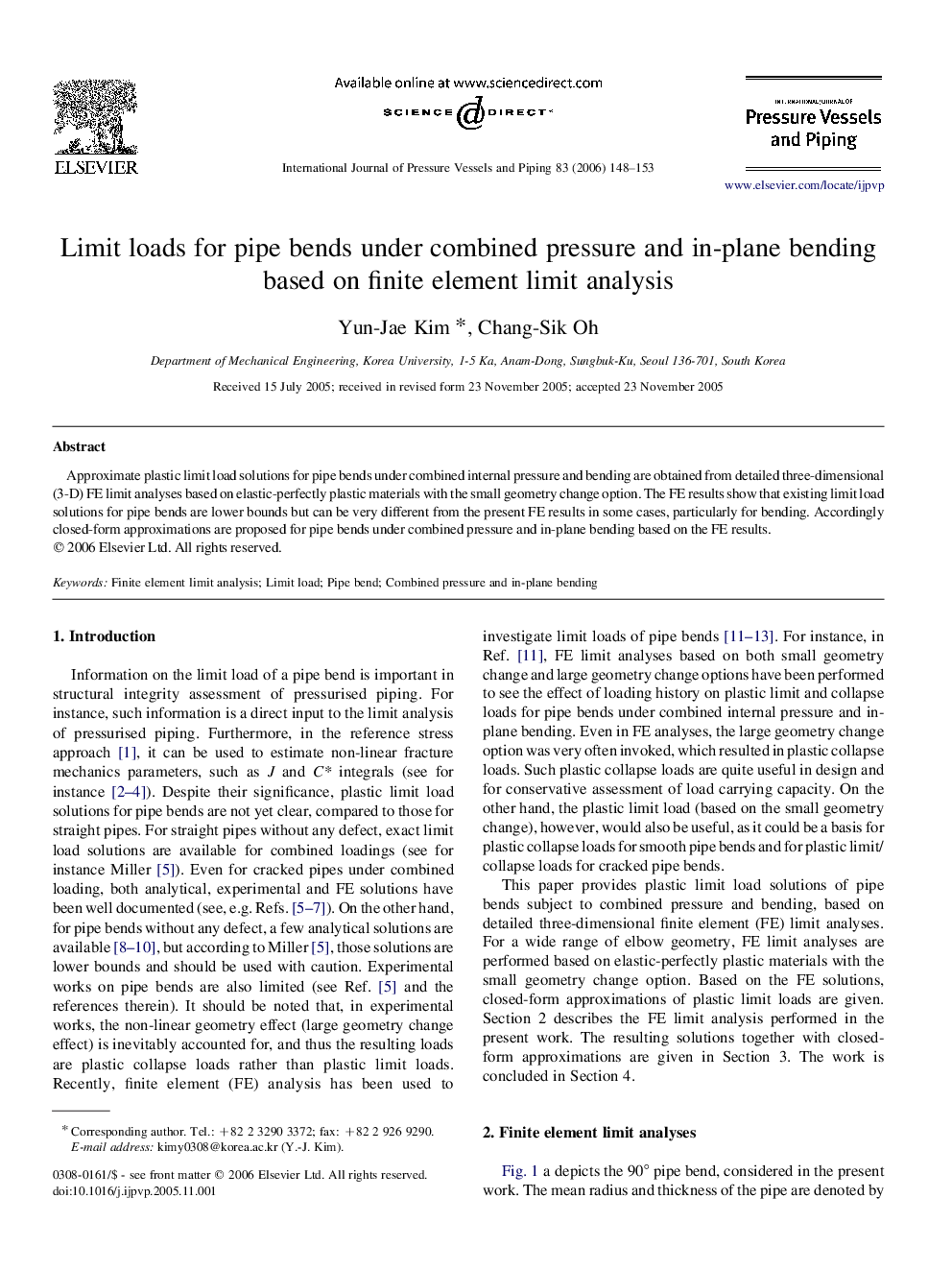 Limit loads for pipe bends under combined pressure and in-plane bending based on finite element limit analysis