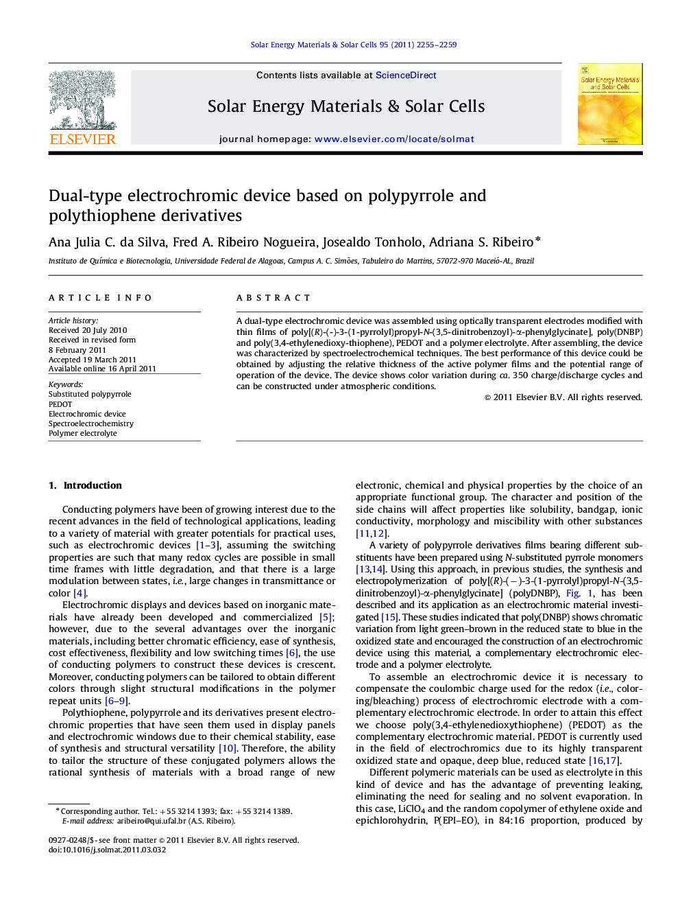 Dual-type electrochromic device based on polypyrrole and polythiophene derivatives